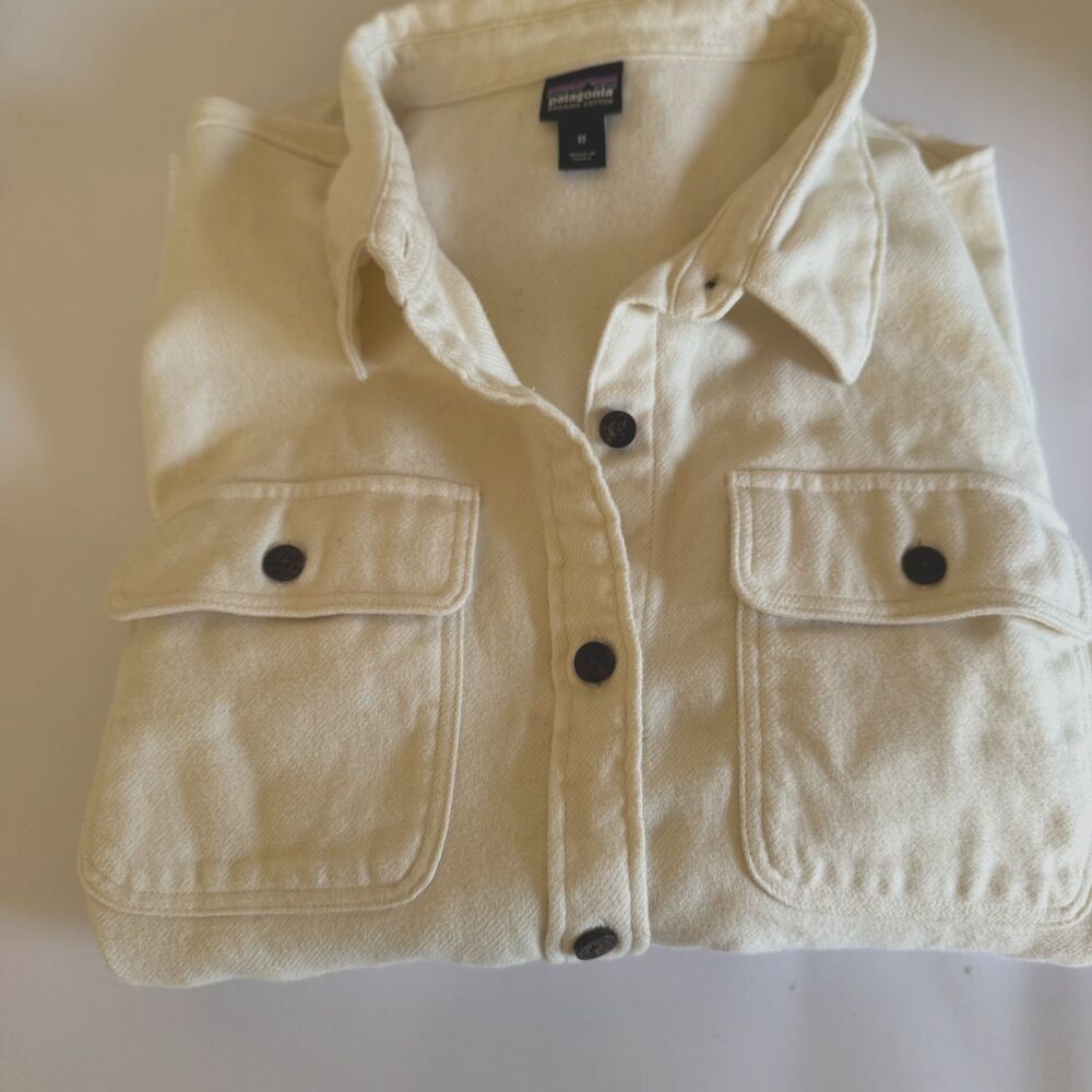Patagonia Worn Wear Organic Cotton Cream Flannel Shirt Smiley Patch Womens M - Picture 11 of 16